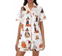 Qianderer Womens Pajamas Set Graphic Print Short Sleeve Button Down 2 Piece Silk Pjs Shorts Set Loungewear Sets Sleepwear (Bb Orange, L)