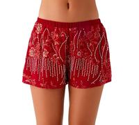 Qianderer Womens Sequin Sparkle Beaded Mini Shorts Y2k Low Rise Pearl Going Out Bottoms Summer Bling Glitter Pants Trendy Boxer Shorts (Ba Red, S)