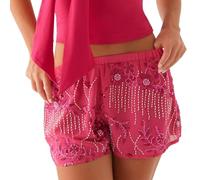Qianderer Womens Sequin Sparkle Beaded Mini Shorts Y2k Low Rise Pearl Going Out Bottoms Summer Bling Glitter Pants Trendy Boxer Shorts (Ba Rose Red, S)