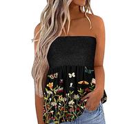 Qianderer Womens Strapless Bandeau Tank Tops Tube Tops Floral Tanks Smocked Ruffled Backless Pleated Summer Casual Sleeveless Vest Tops (Ba Green Flower, M)