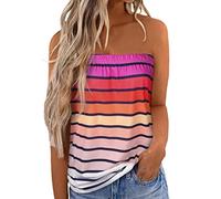 Qianderer Womens Strapless Bandeau Tank Tops Tube Tops Floral Tanks Smocked Ruffled Backless Pleated Summer Casual Sleeveless Vest Tops (Ca Multi-Color Stripes, L)
