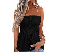 Qianderer Womens Strapless Bandeau Tank Tops Tube Tops Floral Tanks Smocked Ruffled Backless Pleated Summer Casual Sleeveless Vest Tops (Bb Black, L)