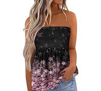 Qianderer Womens Strapless Bandeau Tank Tops Tube Tops Floral Tanks Smocked Ruffled Backless Pleated Summer Casual Sleeveless Vest Tops (Ba Pink Flower, L)