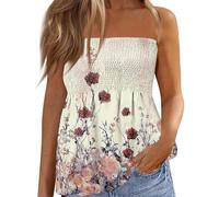 Qianderer Womens Strapless Bandeau Tank Tops Tube Tops Floral Tanks Smocked Ruffled Backless Pleated Summer Casual Sleeveless Vest Tops (Da Ivory, L)