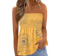 Qianderer Womens Strapless Bandeau Tank Tops Tube Tops Floral Tanks Smocked Ruffled Backless Pleated Summer Casual Sleeveless Vest Tops (Da Light Yellow, L)