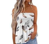 Qianderer Womens Strapless Bandeau Tank Tops Tube Tops Floral Tanks Smocked Ruffled Backless Pleated Summer Casual Sleeveless Vest Tops (Ba Gray Feather, M)