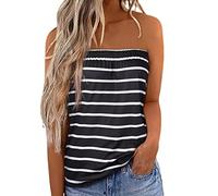 Qianderer Womens Strapless Bandeau Tank Tops Tube Tops Floral Tanks Smocked Ruffled Backless Pleated Summer Casual Sleeveless Vest Tops (Ca Black Stripes, L)