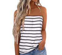 Qianderer Womens Strapless Bandeau Tank Tops Tube Tops Floral Tanks Smocked Ruffled Backless Pleated Summer Casual Sleeveless Vest Tops (Ca White Stripes, XL)