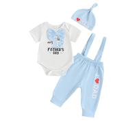 Qiandererb My 1st Father's Day Baby Boy Outfit Short Sleeve Bowtie Romper I Love Dad Suspender Pants Hat 3 Piece Clothes Set (Bb My 1st Father's Day, 3-6 Months)