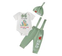 Qiandererb My 1st Father's Day Baby Boy Outfit Short Sleeve Bowtie Romper I Love Dad Suspender Pants Hat 3 Piece Clothes Set (Ba Green, 9-12 Months)