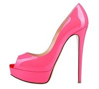 QIANKUN Sexy Open Toe Platform Women High Heels Super High Patent Leather High Heels Shoes Red Wedding Stilettos-rose,39