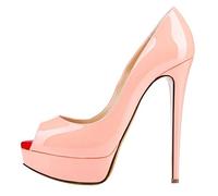QIANKUN Sexy Open Toe Platform Women High Heels Super High Patent Leather High Heels Shoes Red Wedding Stilettos-Pink,36