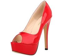 QIANKUN Sexy Open Toe Platform Women High Heels Super High Patent Leather High Heels Shoes Red Wedding Stilettos-Red,42