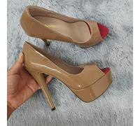 QIANKUN Sexy Open Toe Platform Women High Heels Super High Patent Leather High Heels Shoes Red Wedding Stilettos-Dark nude,36