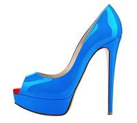 QIANKUN Sexy Open Toe Platform Women High Heels Super High Patent Leather High Heels Shoes Red Wedding Stilettos-Sky blue,38