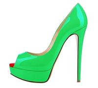 QIANKUN Sexy Open Toe Platform Women High Heels Super High Patent Leather High Heels Shoes Red Wedding Stilettos-Green,40
