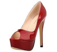 QIANKUN Sexy Open Toe Platform Women High Heels Super High Patent Leather High Heels Shoes Red Wedding Stilettos-Wine red,38