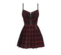QIANKUN Spring Autumn Preppy Style Gothic Girls Sexy Sling Dress Red Balck Pleated Plaid Women Sleeveless Mini Short Dresses-red and black grid,XS