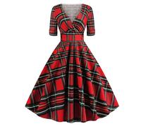 QIANKUN Wrap Polka Dot Dresses Retro Style High Waist Sexy V-Neck Women Spring Yellow Midi Elegant Party Cotton Vintage Dress-Red Tartan,XXL