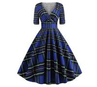 QIANKUN Wrap Polka Dot Dresses Retro Style High Waist Sexy V-Neck Women Spring Yellow Midi Elegant Party Cotton Vintage Dress-Blue Tartan,XXL