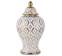 QIANLING 12.6" White and Gold Ceramic Ginger Jar Vase with Lid - Modern Luxury Ceramic Ginger Jar Decorative Vase for Home Decor