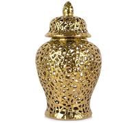 QIANLING 17.3" Gold Pierced Ceramic Ginger Jar Vase with Lid, Elegant Hollow Design Decorative Storage Jar for Home, Kitchen, Living Room, Centerpiece, Bookshelf Decor, Mantel Decor
