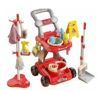 Qianly 18 Pieces Kids Cleaning Set Early Learning Children's Housekeeping Playset Develops Life Skills Toy Broom and Mop Set, Red, Trolley SET 18PCS