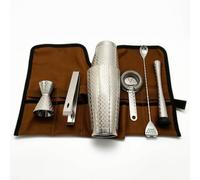 Qianly 7 Pieces Bar Tool Set with Roll-up Pouch Professional Roll-up Bartender Bag Portable Bartending Kit for Mixologists, Boston Etched Diamond Pattern Cocktail Shaker Set, 7-Piece, with Base