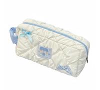 Qianly Bow Pencil Pouch Quilted Pencil Case Cosmetic Bag Makeup Organizer Pouch with Smooth Zipper and Side Handle Suitable for Students Teachers Office Workers Carry, Blue White