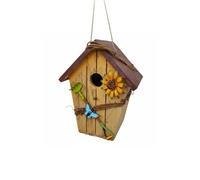 Qianly Hanging Bird Ornament Solid Wood Construction Decorative Wooden Birdhouse Handcrafted Style for Yard, Slanted Red Roof
