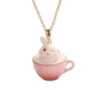 Qianly Pendant with Teacup Adorable Hare Charm for Girls, Pendant + Long Chain 56+7cm, Bunny Pretty