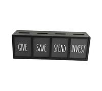 Qianly Wooden Piggy Bank with 4 Compartments, Give Save Spend Invest Money Saving Box, Family Savings Jar, Transparent Window & Wall-Mountable, Financial Literacy Gift for Kids & Adults, Black
