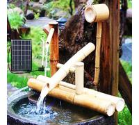 QIANMEI Home Decorative Fountain Solar Powered Bamboo Water Fountain, Outdoor Water Feature Garden Decor, Handmade Brown Bamboo Pond Fountain With Pump