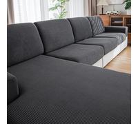 QIANMEW Couch Cushion Covers, Comfort Soft Magic Sofa Covers Washable Stretch Resistant Slipcovers for Sectional and L Shaped Seats Furniture Protectors for Pets (3 Seaters+1 Chaise, Dark Gray)