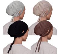 Qianmome 4 Pieces Jersey Drawstring Women Under Hijab Cap With Ear Hole Inner Hijab Cap, 4pcs Style B, M