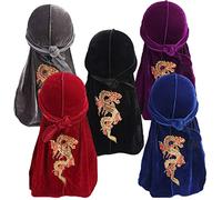 Qianmome 5 Pieces Dragon Stretchable Luxury Velvet Durag Cap Straps Headwraps with Long Tail and Wide Straps, 5pcs Style a, 1 Count (Pack of 5)