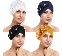 Qianmome Womens Sequin Flower Turban Elegant Muslim Beanie Head wrap Chemo Cap, 4pcs Style Ee, One Size