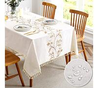 QIANQUHUI Embroidered Tablecloth for Dining, Rustic Farmhouse Kitchen Table Cloth Blue, Dust Proof Spillproof Soil Resistant Cotton Linen Rectangle Table Cloth (N-Beige,55x120 inch)