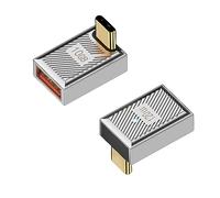 QIANRENON 120W 90° Angle USB C to USB3.1 OTG Adapter 10Gbps USB C Male to USB3.1 Female Right Angle Data Connector 24V5A Charging/Zn Alloy/LED, for Phone Tablet Steam Deck, Silver/Positive Bend, 2Pcs