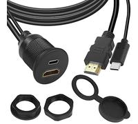 QIANRENON 2 in 1 USB C & HDMI Threaded Flush Mount Waterproof Cable Adapter USB Type C 2.0 + HDMI 1.4 Male to USB C + HDMI Female Panel Mount Extension Cable 1080P, for Car,Dashboard,Desk, 1m/3.3ft