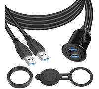 QIANRENON Dual USB 3.0 Embedded Car Waterproof Cable 2 USB3.0 Male to 2 Female Threaded Fixed Mount Extension Cable, LED Light Aluminium Housing, for Instrument Panel Car Boat Motorbike, 2M/6.5ft