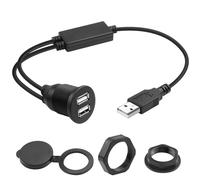 QIANRENON USB 1 to 2 Flush Mount Adapter Short Cable USB2.0 Male to 2 USB2.0 Female Threaded Fixed Panel Mount Connector, with Chip, Simultaneou 480Mbps Data Transfer 5V/2A Charging, 35cm/13.8in