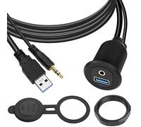 QIANRENON USB3.0 & 3.5mm Audio Threaded Fixed Embedded Car Waterproof Cable 5Gbps TRS 3.5mm & USB3.0 Dashboard Panel Mount Extension Cable, LED Lights, Al Housing, for Car Boat Motorbike,2M/6.5ft