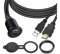 QIANRENON USB3.0 & HDMI Embedded Car Waterproof Cable USB3.0+HDMI 1.4 Threaded Fixed Mount Data Extension Cable, LED Light, Aluminum Housing, for Dashboard Car Boat Motorbike, 2M/6.5ft