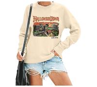 QIANRUO Halloween Town Est 1998 Sweatshirt Women Halloween Horror Spooky Graphic Tees Casual Fall Long Sleeve Pullover Tops, A-apricot, Large