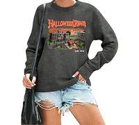 QIANRUO Halloween Town Est 1998 Sweatshirt Women Halloween Horror Spooky Graphic Tees Casual Fall Long Sleeve Pullover Tops, Dark Gray, Medium