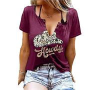 QIANRUO V-Neck Howdy Tshirt Women Western Country Cowboy Shirts Vintage Rodeo Cowgirl Tee Tops Leopard Honey Hat T-Shirt, Purple, M