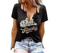 QIANRUO V-Neck Howdy Tshirt Women Western Country Cowboy Shirts Vintage Rodeo Cowgirl Tee Tops Leopard Honey Hat T-Shirt, Black, S