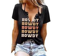 QIANRUO V-Neck Howdy Tshirt Women Western Country Cowboy Shirts Vintage Rodeo Cowgirl Tee Tops Leopard Honey Hat T-Shirt, Black 3, XL