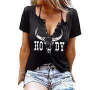 QIANRUO V-Neck Howdy Tshirt Women Western Country Cowboy Shirts Vintage Rodeo Cowgirl Tee Tops Leopard Honey Hat T-Shirt, Black 2, M
